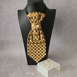 Gold and Black Checkered Tie with Matching Earrings